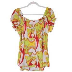 JL Jennifer Lloyd Cinched Blouse Womens XL Retro Disco Abstract Colorful Peasant